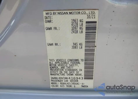 2021 Nissan Altima Sv из США, поврежденный, VIN 1N4BL4DV1MN416943